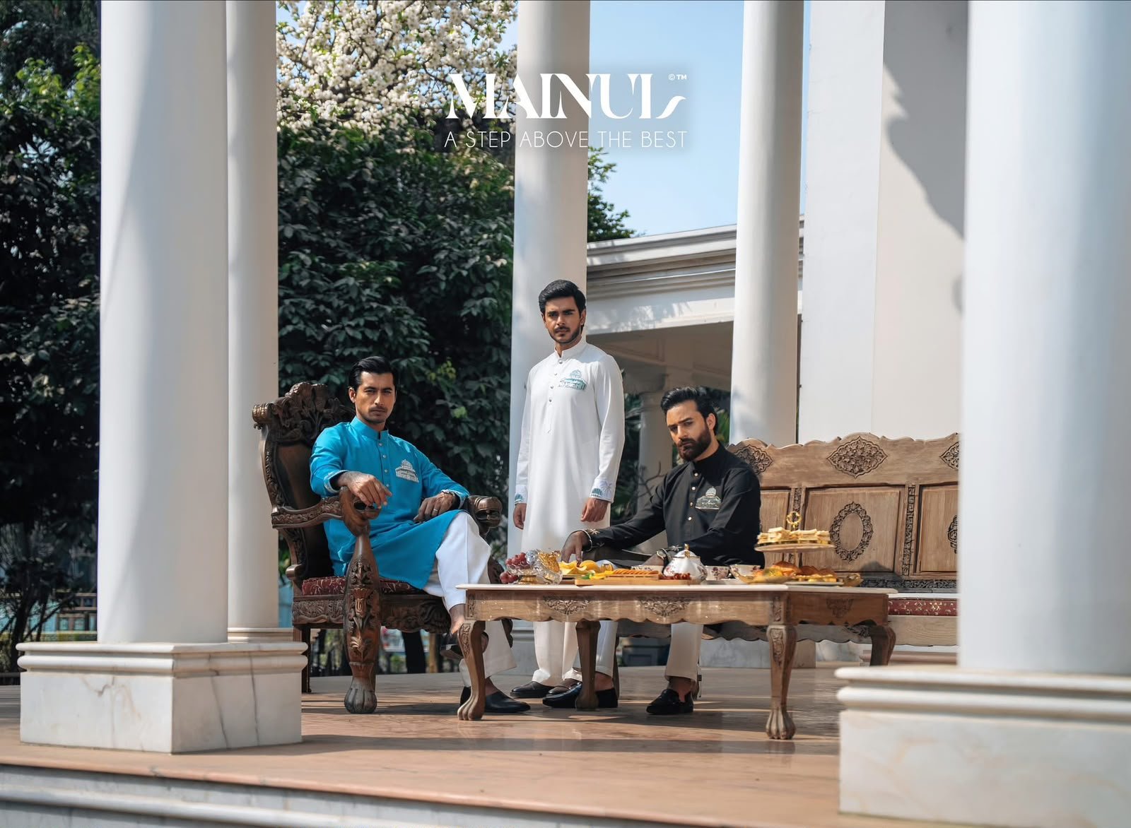 Portico tea setup during a fashion shoot